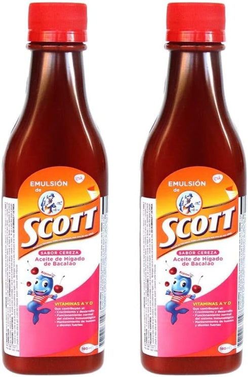 DECA EXPERTS Emulsion de Scott Aceite de hígado de bacalao sabor Cereza - pack de 2 de 6.1 fl oz - 180 ml - con vitamina A y calcio, suplemento di...