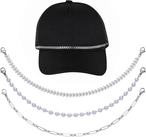 IDesign 3 Pcs Trucket Hat Chains Bill Decoration Trucket Hat Charms DIY Pearl/Turquoise/Metal Chains for Mesh Baseball Cap Accessories Chain for P...