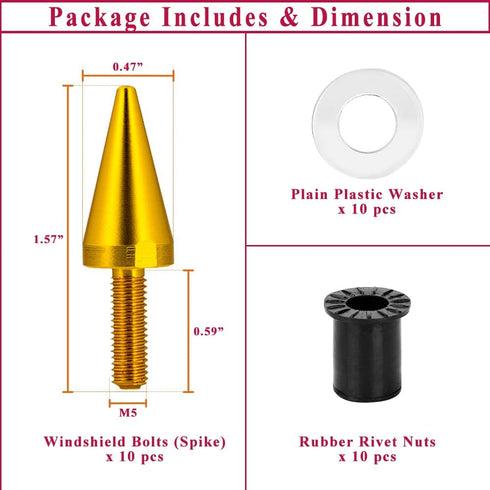AeroBon 10 Sets M5 x 15 mm Universal Fit Windshield Bolt Kit for Motorcycle Windscreen (Gold)...