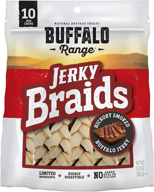 Rawhide Dog Treats | Healthy, Grass-Fed Buffalo Jerky Raw Hide Chews | Hickory Smoked Flavor | Jerky Braids, 10 Count...