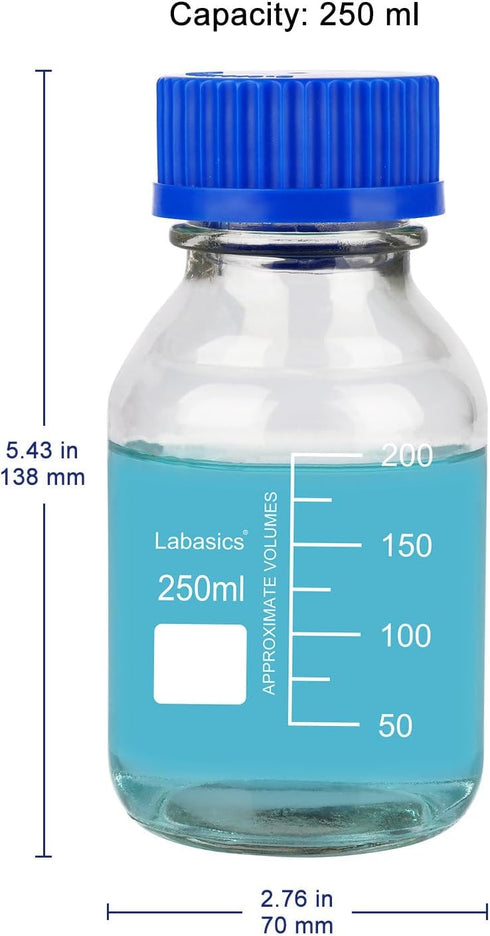 Round Media Storage Bottles with GL45 Blue Screw Cap, Borosilicate Glass Clear Wide Mouth Graduated Round Reagent Media Storage Lab Glass Bottle, ...