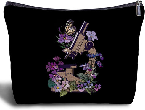 Floral Microscope Canvas Makeup Bag - Microbiology Science Teacher Gift, Science Chemistry Teacher Student Gifts, Science Women's Zippered Bag...