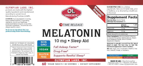 Olympian Labs Melatonin 10mg Time Release with Vitamin B6 - Maximum Strength Tablets - Drug-Free, Supports Restful Sleep, Nighttime Sleep Aid - 60...