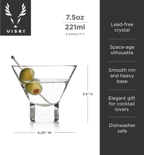 Viski Heavy Base Stemless Martini Glasses Set of 2 - Premium Short Crystal Cocktail Glass Gift Set, 7.5 oz....