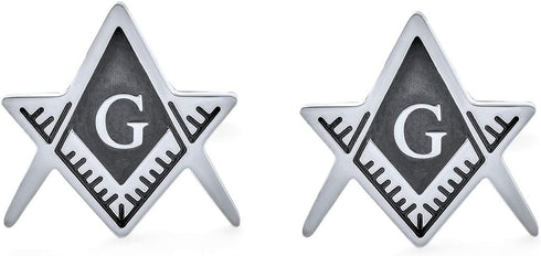 Shield Round Freemasons Compass Symbol Masonic Cuff Links For Men Blue Black Enamel Two Tone Silver Or Gold Tone Stainless Steel Hinge Bullet Back...