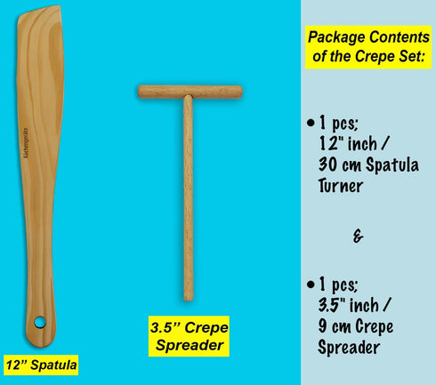 Kuchengerate 3.5 inc Crepe Spreader and 12 inc Wooden Spatula Turner Crepe Maker Set - T Shaped Structure - Handmade Natural Beech Wood - No Paint...