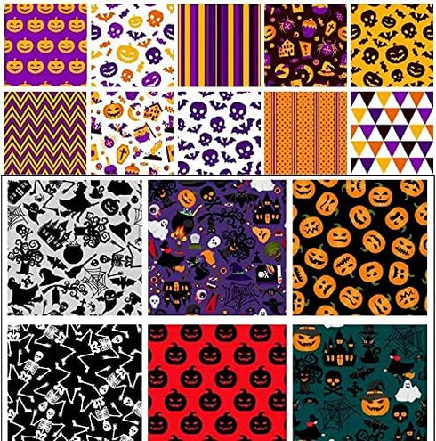 Halloween Fabric 16Pcs Squares Printed Patchwork Fabric for DIY Sewing Scrapbooking Quilting Masks (16pcs/9.8" x 9.8")...