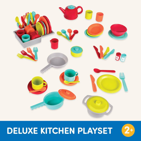 Battat – Toy Kitchen Set – 71Pc Pretend Cooking Accessories – 4 Table Settings & Cutlery – Dishwasher Safe & Worry-Free – 2 Years + – Deluxe Kitch...