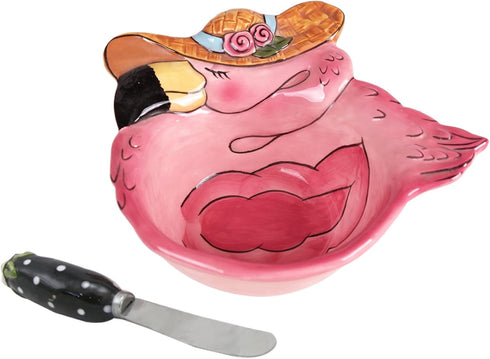 Blue Sky Dining Ceramic Miss Precious Flamingo 6.25'' x 6'' Dip Bowl and Spreader Set 616023...
