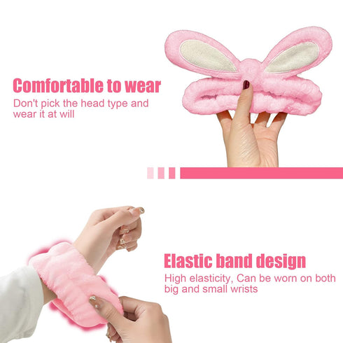 3-Pack Spa Headband and Wristband Set,Soft Plush Makeup Skincare Headband Wrist Bands Cute Bunny Rabbit Ears Face Wash Headband and Towel Wristban...