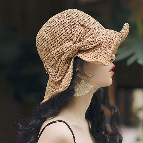 Foldable Wide Brim Floppy Straw Beach Sun Hat,Summer Cap with Bowknot for Women Girls,Strap Adjustable...