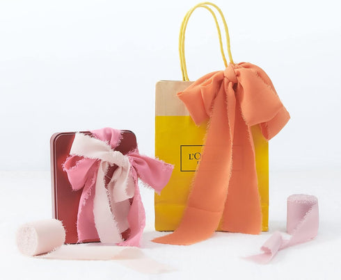 4 Rolls Blush Pink Handmade Fringe Chiffon Silk Ribbon 1"W x 5Yd Per Roll,Frayed Edges Ribbon Set for Gifts Wrapping,Wedding Invitations,Bouquets,...