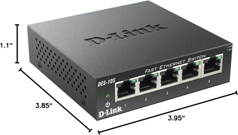 D-Link DES-105/B, Fast Ethernet Switch, 5 Port Unmanaged 10/100 Metal Fanless Desktop or Wall Mount Design...