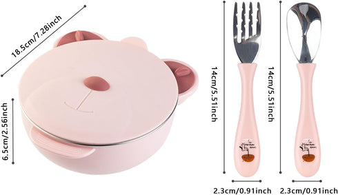 Stainless Steel Baby Feeding Bowl, Toddler Suction Plate with Lid Spoon and Fork, Perfect for Children (Pink)...