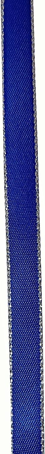 QIANF Royal Blue Double Face Satin Ribbon with Silver Border for Gift Wrapping, Hair Bows, Wedding Party Decoration, Crafts Sewing, Invitation Car...