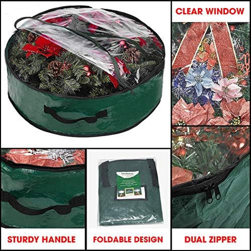 Propik Christmas Wreath Storage Bag 30" - Garland Holiday Container with Clear Window - Tear Resistant Fabric - 30" X 30" X 8" (Green)...
