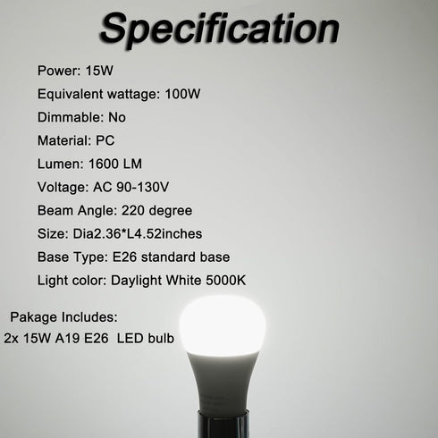 LED Light Bulb, A19 100W Equivalent, Efficient 15W, 1600 Lumens, Daylight 5000K, E26 Standard Base, Non-Dimmable, LED Bulbs for Bedroom Living Roo...
