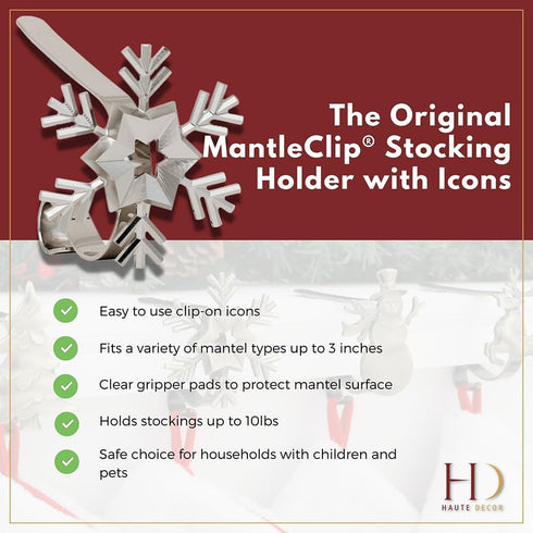 Haute Decor The Original MantleClip Stocking Holders with Removable ZINC Alloy Holiday Icons (2-Pack Snowflake, Oil-Rubbed Bronze)...