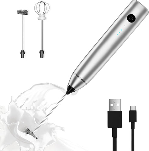 Milk Frother Rechargeable Handheld Electric Whisk Coffee Frother Mixer with 3 Stainless whisks 3 Speed Adjustable Foam Maker Blender for Coffee Ma...