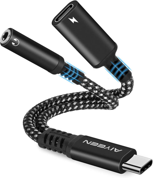 2-in-1 USB C to 3.5mm Headphone and Charger Adapter, USB C PD 3.0 Quick Charging Port to Aux Audio Jack & 60W Fast Charging Dongle Cable Compatibl...