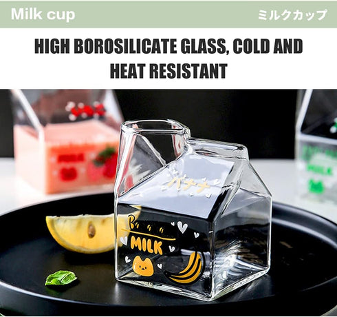 Kawaii Glass Milk Carton Cup Microwavable 12 Oz Cute Milk Cups Mini Creamer Container Strawberry Square Breakfast Mug Glass Creamer Pitcher with G...