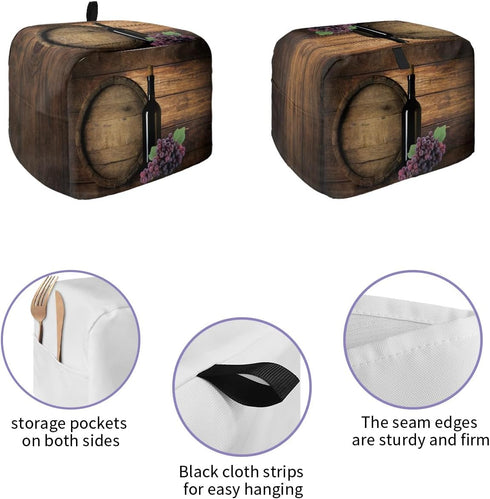 Toaster Cover 2 Slice, Wine Bottle and Fruit Grape with Wooden Barrel Bread Maker Cover Toaster Dust Cover with Pockets, Dust-Proof Cover for Kitc...