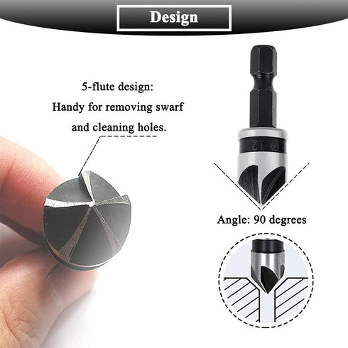 3Pcs Countersink Drill Bits 5 Flute 90 Degree Chamfering Countersink Drill Bit Set with 1/4'' Hex Shank Woodworking Chamfer Drilling Tool Carbon S...