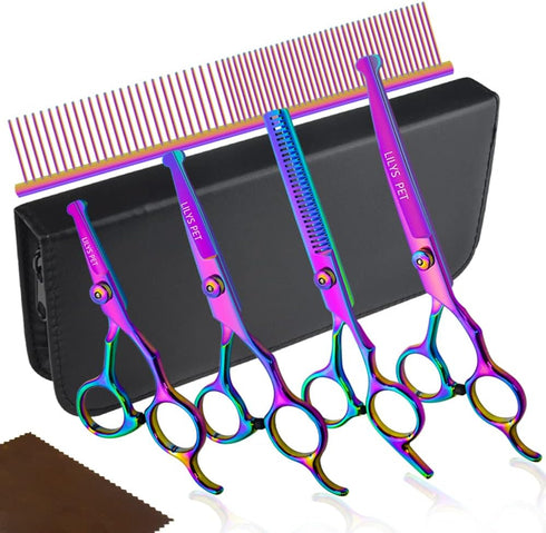 Safety Round-tip Scissors Set Professional PET Dog Grooming Coated Titanium Scissors Suit Cutting&Curved&Thinning Shears (Rainbow)...