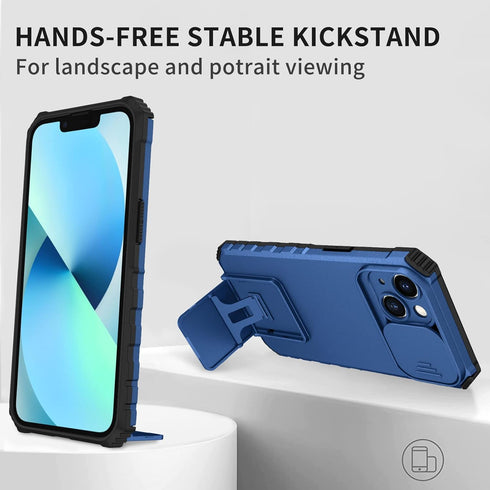 for iPhone 14 Case with Slide Camera Cover, ArmourSilicone TPU Bumper Tough PC Cover with Bulit in Kickstand, Military Shockproof Absorption Prote...