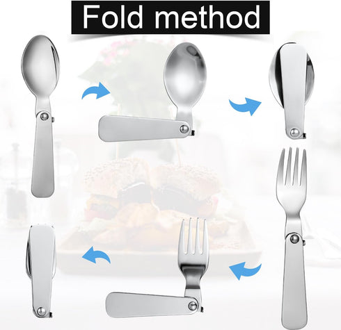 2pcs Folding Spoon & 2pcs Foldable Forks for Thermos Funtainer 10oz Food Jars, Portable Replacement Stainless Steel Spoons Forks for Travel Campin...