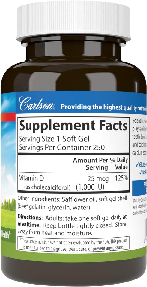 Carlson Vitamin D3, 1000 IU, 250 Softgels...