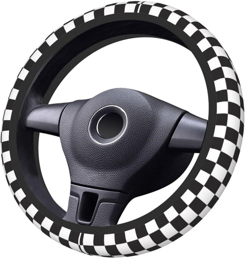 Black and White Checkered Steering Wheel Cover Rubber Anti-Slip 14.5-15 Inch Universal Steering Wheel Cover with 2 Pieces Car Coasters Suitable fo...