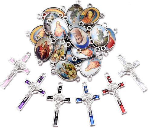 60Pcs/30Set Rosary Kits Cross and Center Medal Charms Alloy Religion Enamel Picture Jesus Virgen De Guadalupe Charm Crucifix Pendant for Diy Jewel...