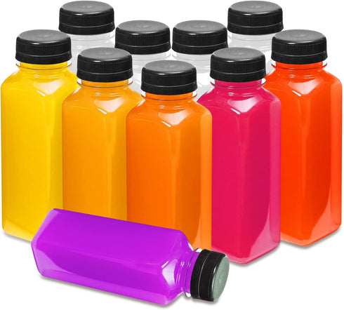 MANSHU 10 OZ Plastic Juice Bottles, Reusable Bulk Beverage Containers, with Black Tamper Evident Lids for Juice, Milk and Other Beverages 10Pcs....