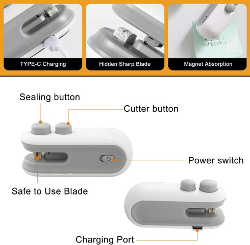 2Pcs Mini Bag Sealer, Rechargeable Heat Sealer, 2 in 1 Chip Bag Sealer & Cutter, Mini Bag Resealer Machine, Portable Handheld Food Sealer for Plas...