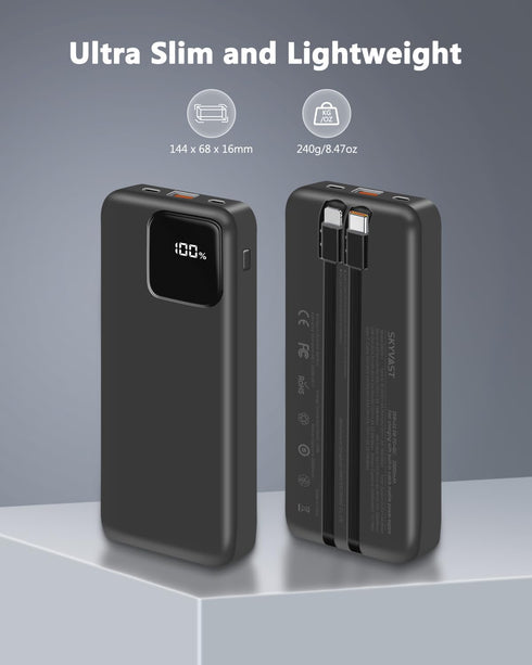 Portable Charger, 10000mAh Power Bank with 2 Built-in Cables, 22.5W Fast Charging with Screen, Travel Battery Pack for i Phone, i Pad, Samsung, Go...