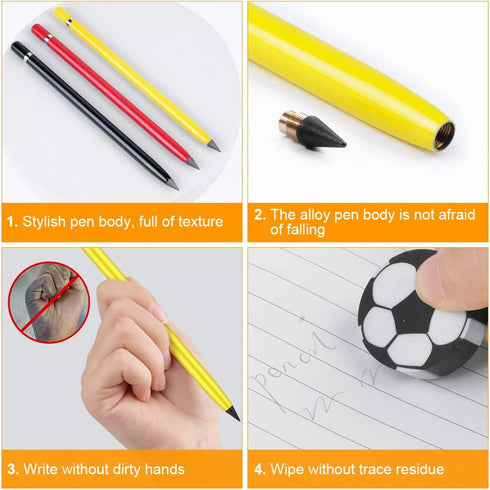 AUAUY 3 PCS Metal Inkless Pencil, Infinity Pencil, Reusable Everlasting Pencil, Replaceable Nib Pencil with 3 Replaceable Nib for Writing Drawing ...