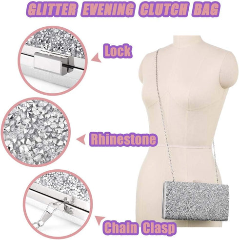 ELABEST Glitter Evening Clutch Bag Single Sided Diamond Bag Crossbody Purse Wedding Party Bag for Women...