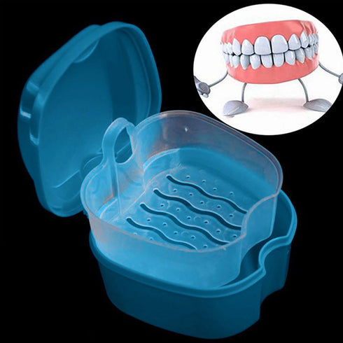 Blue Denture Case,Denture Bath Cup Case Box Holder Storage Soak Container,Denture Bath Box False Teeth Storage Box with Basket Net Container Holde...