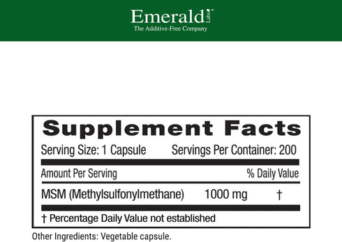 EMERALD LABS MSM 1000mg - Joint, Liver & Immune Support Supplement with Methylsulfonylmethane - Gluten-Free & Additive-Free - 200 Vegetable Capsul...