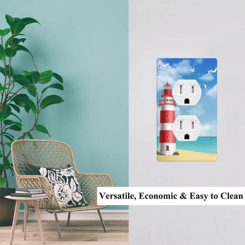 Red Lighthouse Outlet Covers Beach Blue Ocean Sunny Sky Clouds Seagull Nautical Coast 1-Gang Plug Cover Light Switch Covers Standard Size Duplex W...