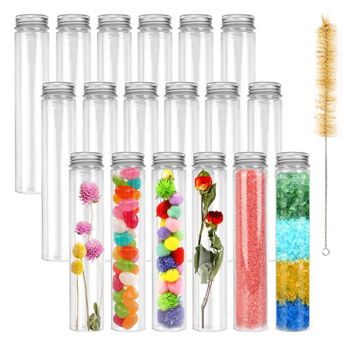 18 PCS 115ml Clear Plastic Test Tubes,150 x 33mm Flat Test Tube,Plastic Test Tube with Screw Caps and 1 Cleaning Brush for Bath Salt,Candy Storage...