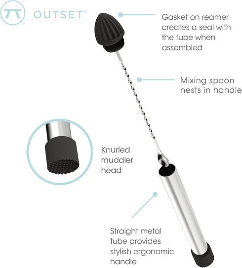 Outset Professional Cocktail Muddler, 3 in 1 Muddler, Stirrer, Juicer...