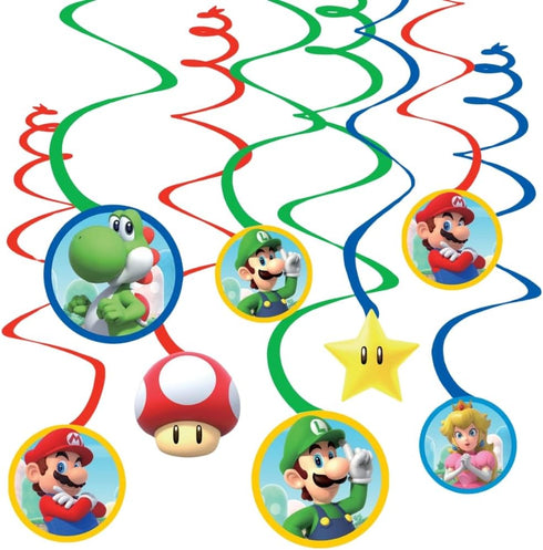 Swirl Hanging Decorations - 5" & 7" (Pack of 12) - Perfect for Themed Parties & Events, Super Mario Brothers...