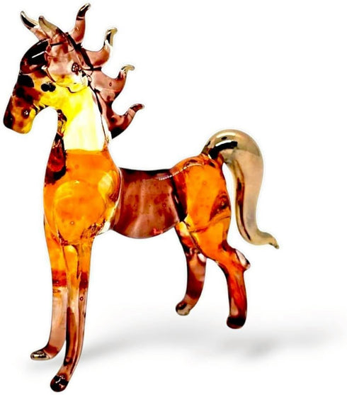 Tiny 2½" Long Brown Gold Standing Horse Figurine - Miniature Hand Blown Painted Glass Horses Stallion Mare Foal Pony Animals Crystal Decorative Co...