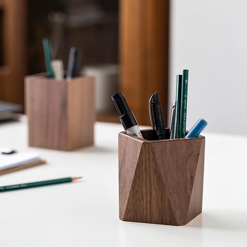 Black Walnut Wooden Pencil Box, Multiple-Use Desk Writing Stationary Organizer Wood Pen Holder Cups Office School Supplies Storage (Prismatic Shap...