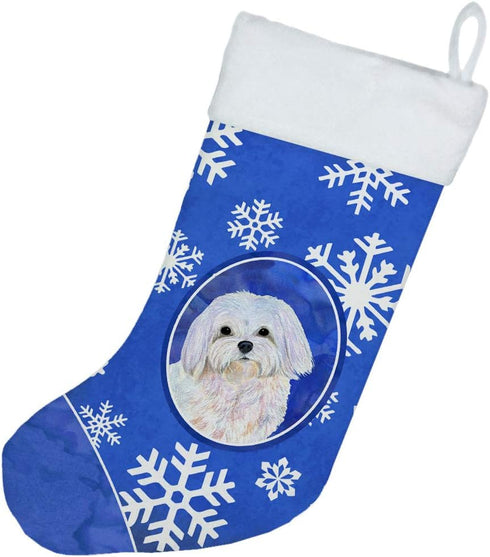 Caroline's Treasures SS4620-CS Maltese Winter Snowflakes Holiday Christmas Stocking Fireplace Hanging Stockings Christmas Season Party Decor Famil...
