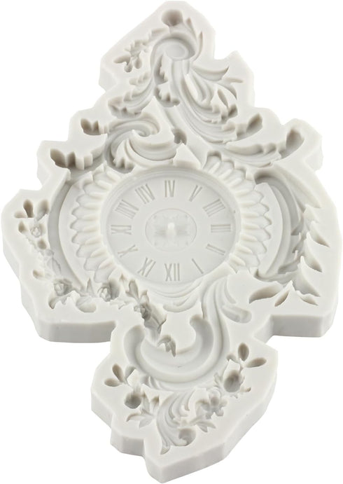 Baroque Style Clock Silicone Mold Curlicues Scroll Lace Fondant Molds Clock Chocolate Candy Mold Filigree Mold 3D Sculpted For Sugar Cake Decorati...