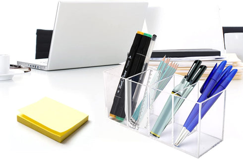 Acrylic Pen Holder 4 Compartments, Clear Acrylic Pencil Holders for Desk, Makeup Brush Holder Cup Organizer, Pen Holder Stationery Storage Desktop...
