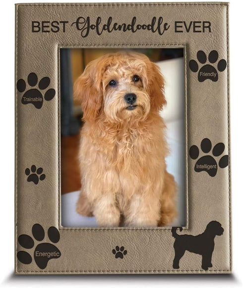 BELLA BUSTA - Best Goldendoodle Ever-Dog photo frame-Dog Lover Gift-Engraved Leather Picture Frame (5 x 7 Vertical)...